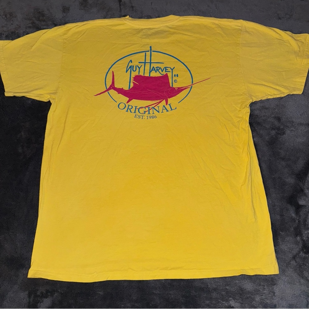 guy harvey yellow tshirt with pink fish on the back